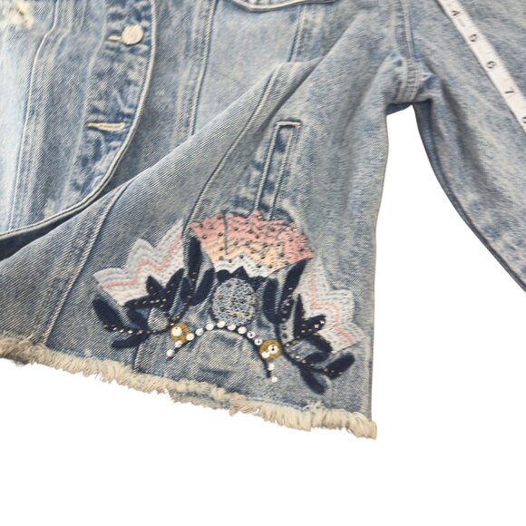 Bebe Distressed Denim Jacket W/ Embroidered Mandala Design & Raw Hem - Womens XL - Picture 8 of 15
